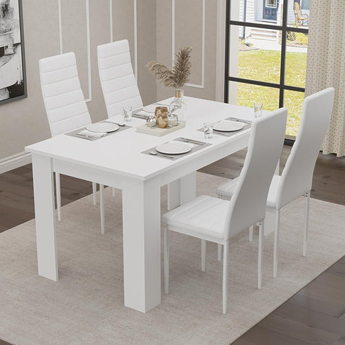 Modern White PU Leather Dining Table Set 4 Chairs 120x80cm Kitchen Room