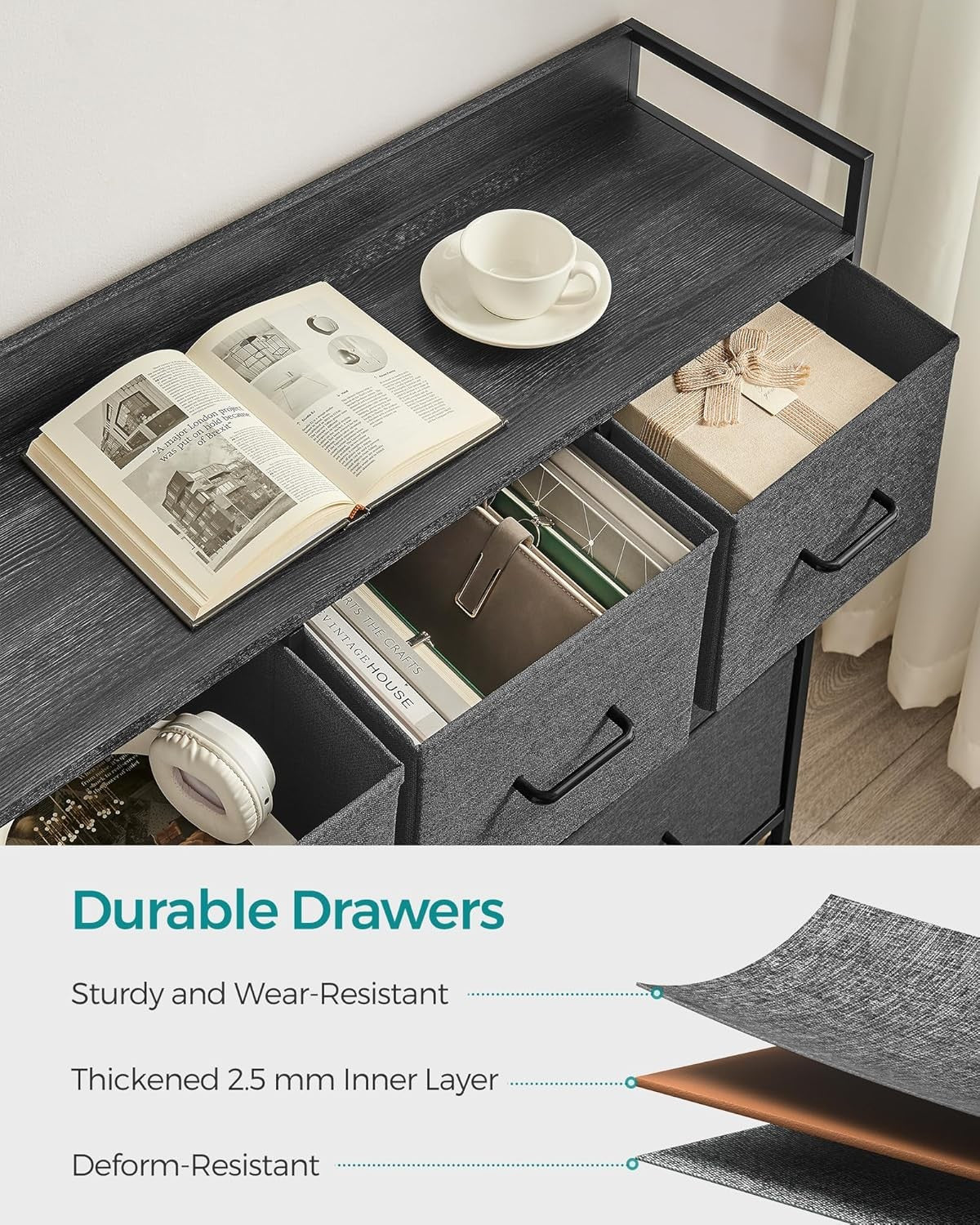 7 Drawer Chest Slate Grey Fabric Storage Cabinet Modern Bedroom Dresser