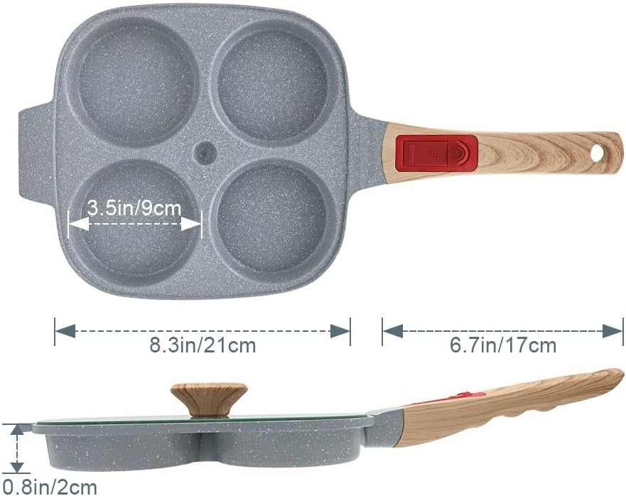 4-Cup Egg Pan Non-Stick Ceramic Pancake Skillet w/ Lid & Detachable Handle Blue