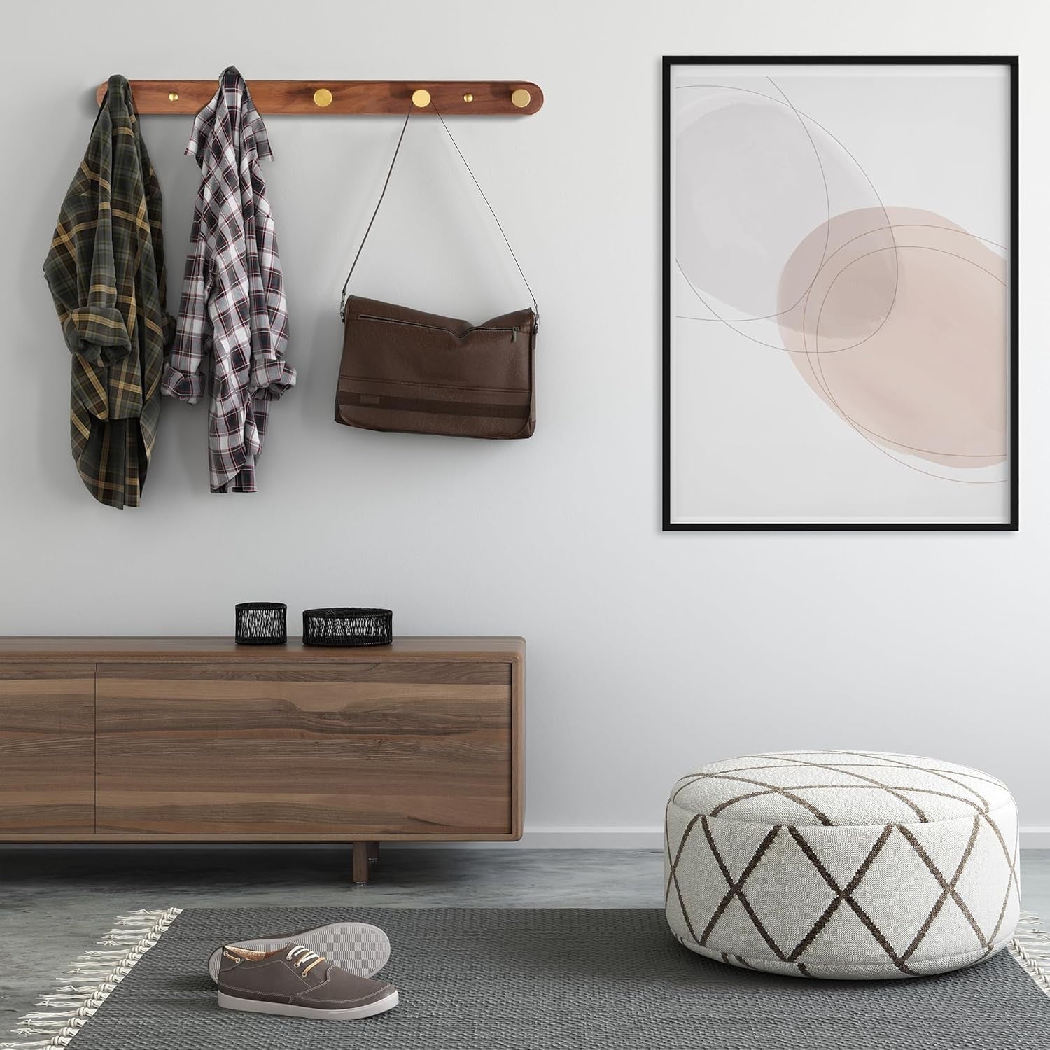 Luxury Walnut Wall Coat Rack 5 Gold Hooks Wooden Hanger Rail Hallway