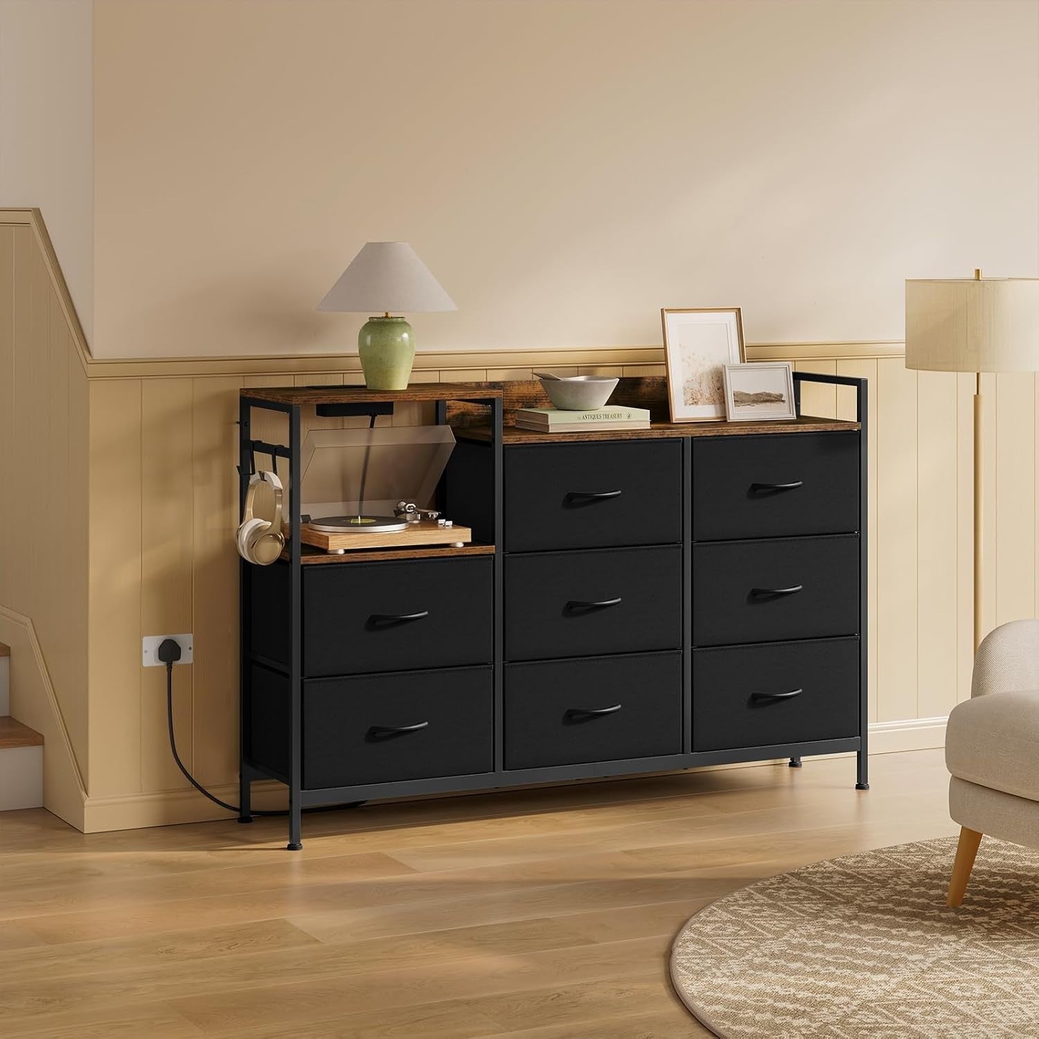8 Drawer Fabric Chest with USB Ports Power Strip Rustic Black Storage Unit