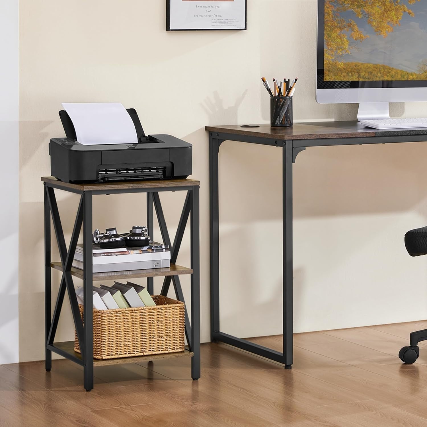 Set of 2 Rustic Brown 3-Tier Side Tables with Storage, Sturdy X-Frame