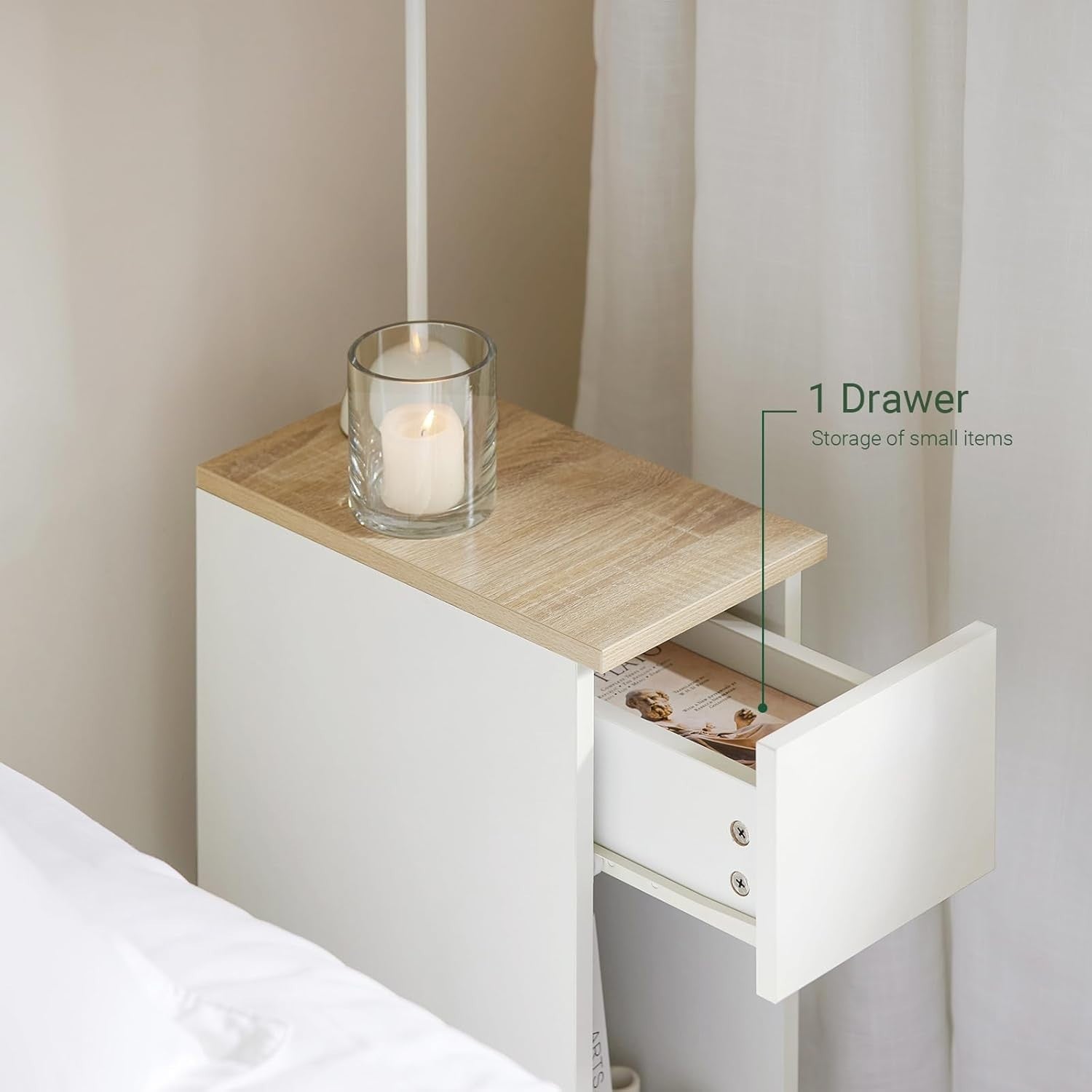 Set of 2 Slim White Bedside Tables with Drawer & Shelf | Narrow Modern