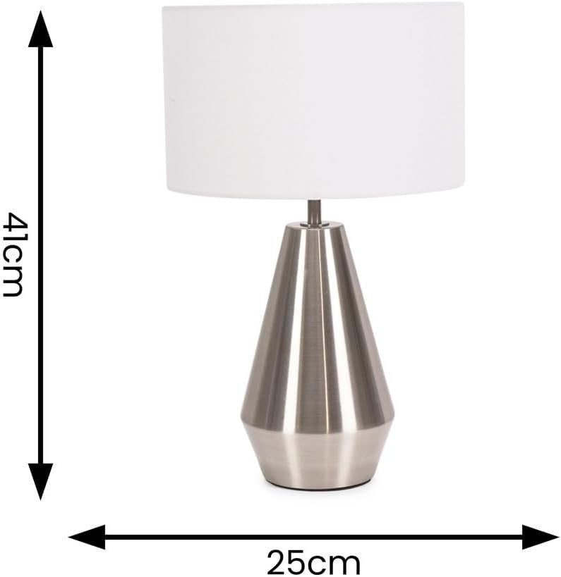 Silver Touch Dimmer Table Lamp White Drum Shade Bedside LED Light