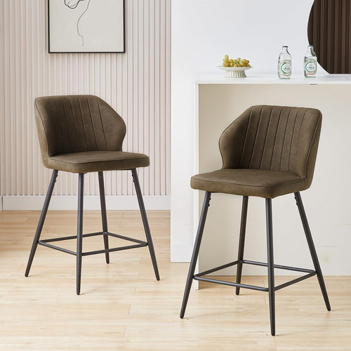 Cream Bar Stool Set of 2 | Faux Leather Counter Stools with Back & Arms