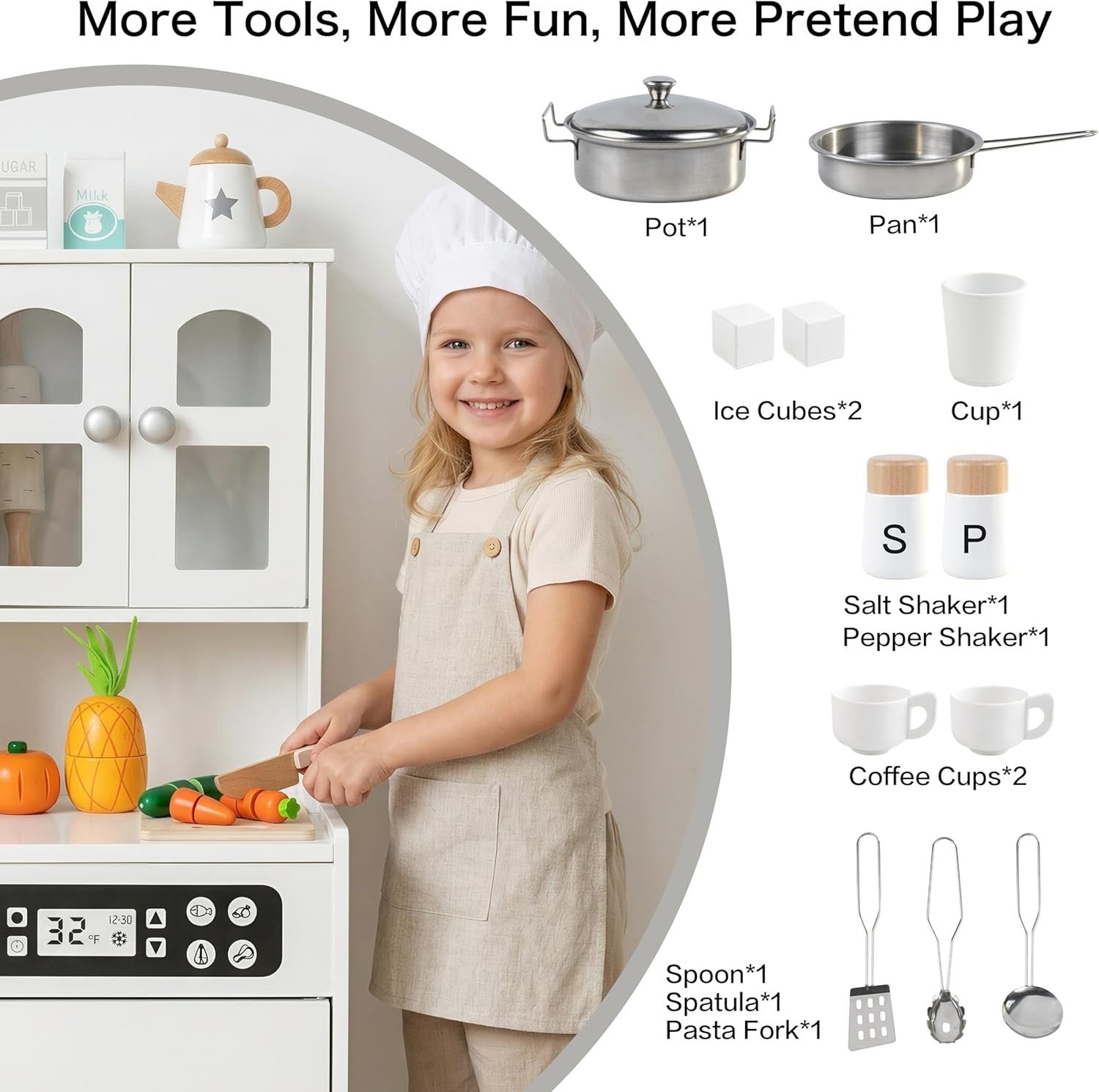 Wooden Kids Play Kitchen w/ Lights Sounds Ice Maker White Toy