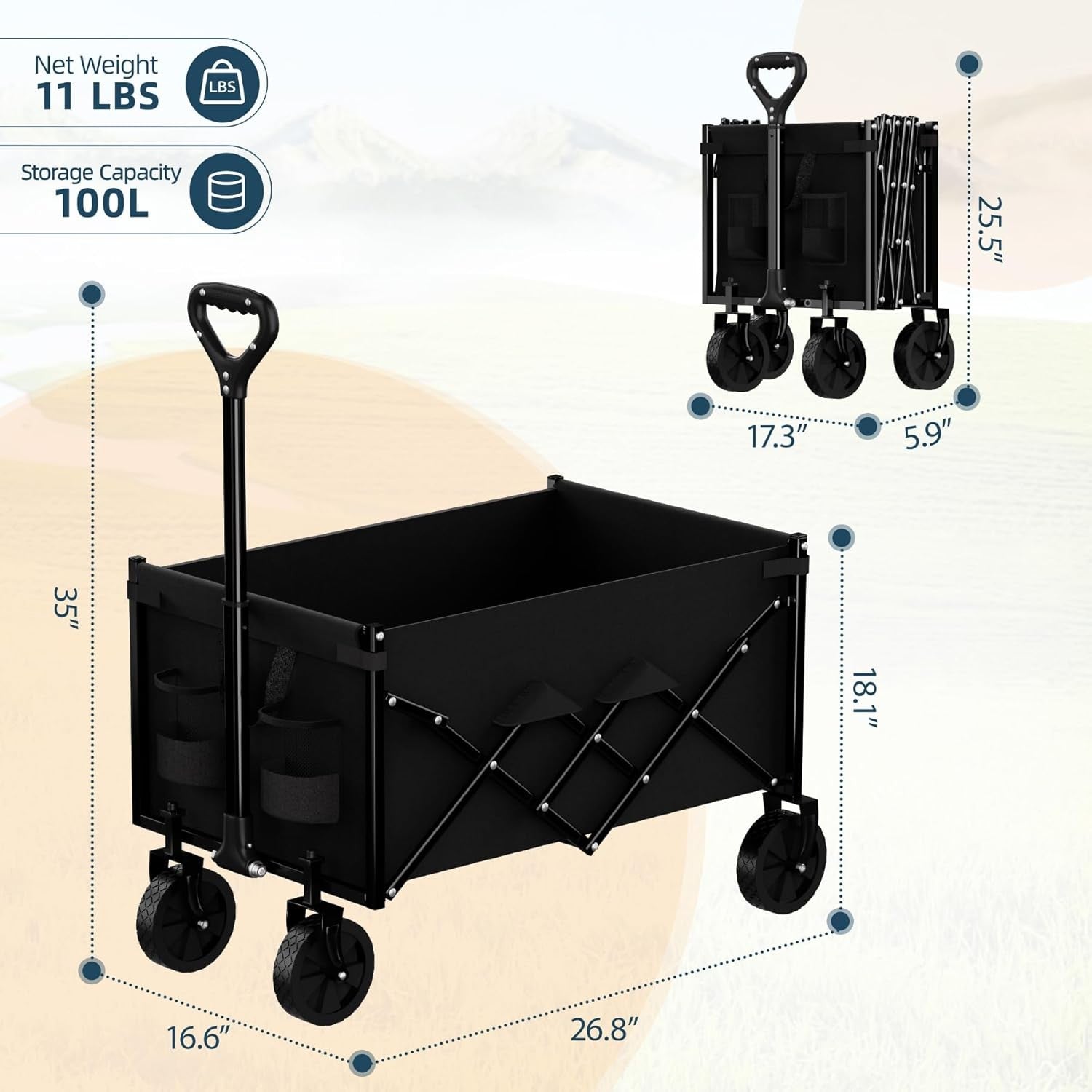 100L Folding Festival Wagon Trolley All-Terrain Wheels Camping Garden Cart