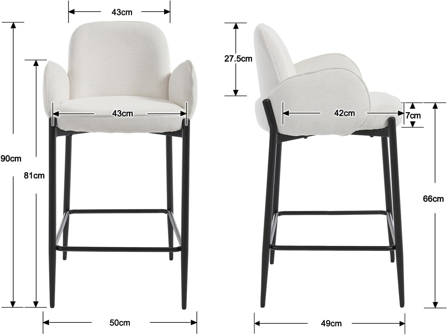 Modern White Bar Stools Set of 2 | Chenille Seat, Metal Legs, Armrest