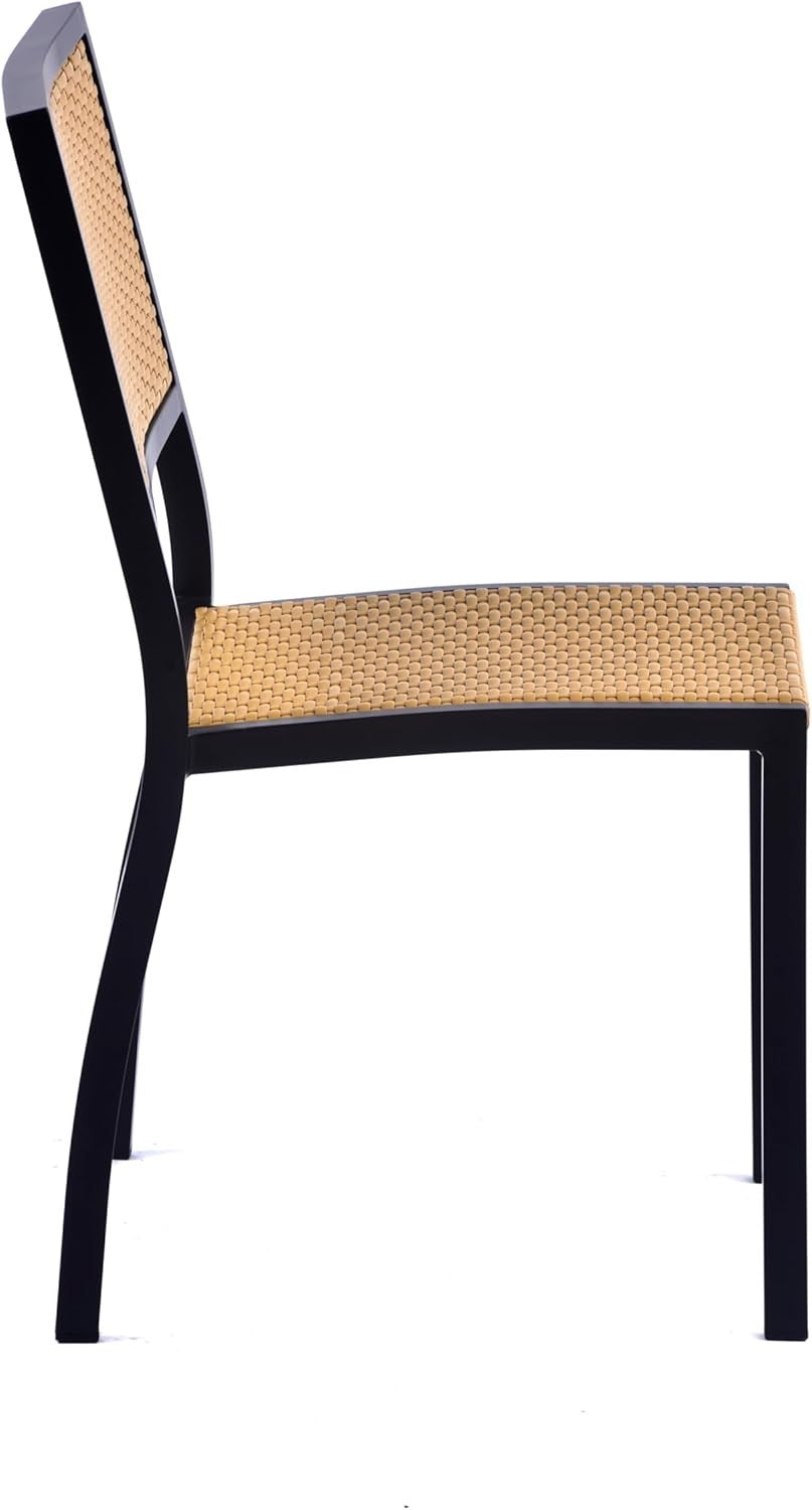 Teak Rattan Dining Side Chair Stackable Garden Patio Seating Metal Frame