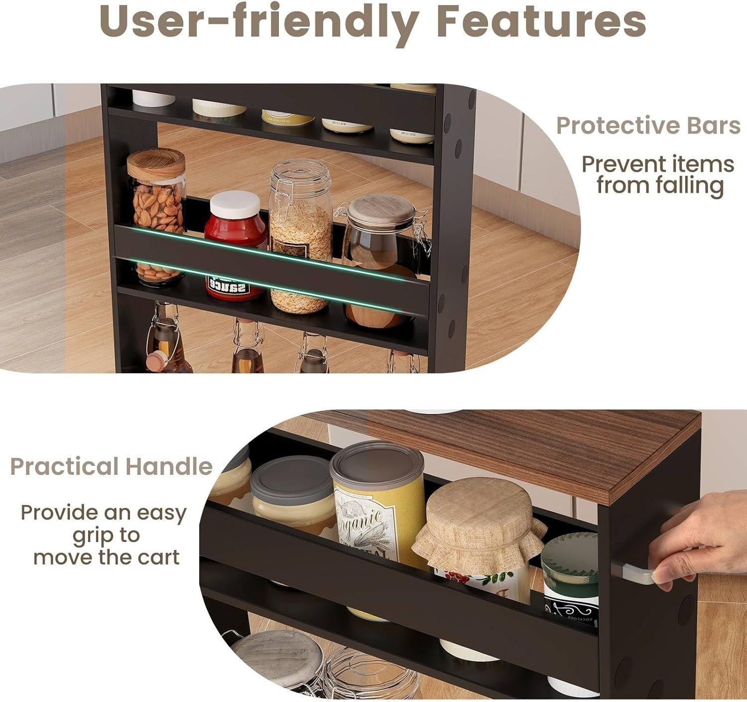 4 Tier Slim Kitchen Storage Trolley Rolling Cart Black Brown Narrow
