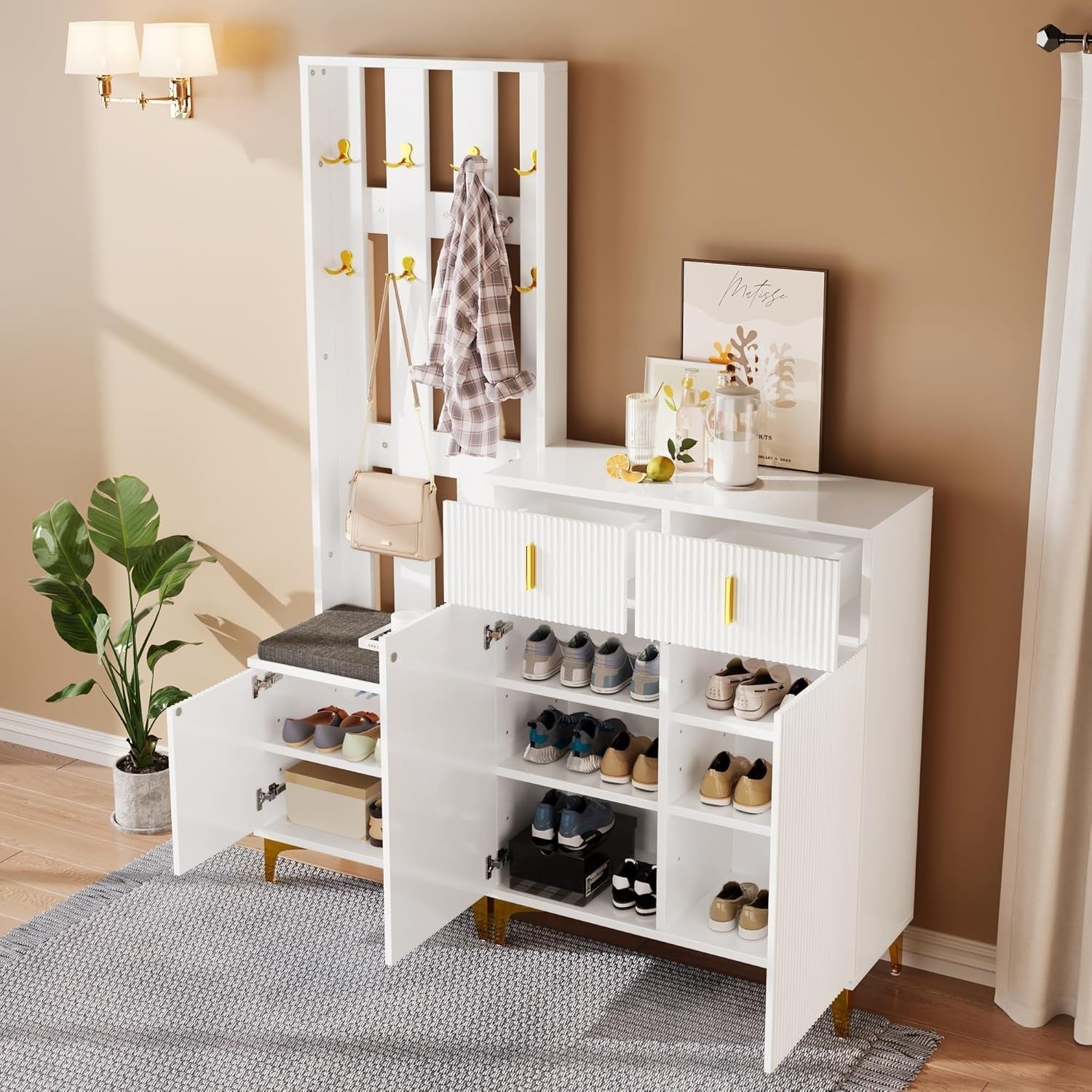White Hallway Furniture Set with Shoe Cabinet, Cushion Bench & 8 Hook Coat Rack