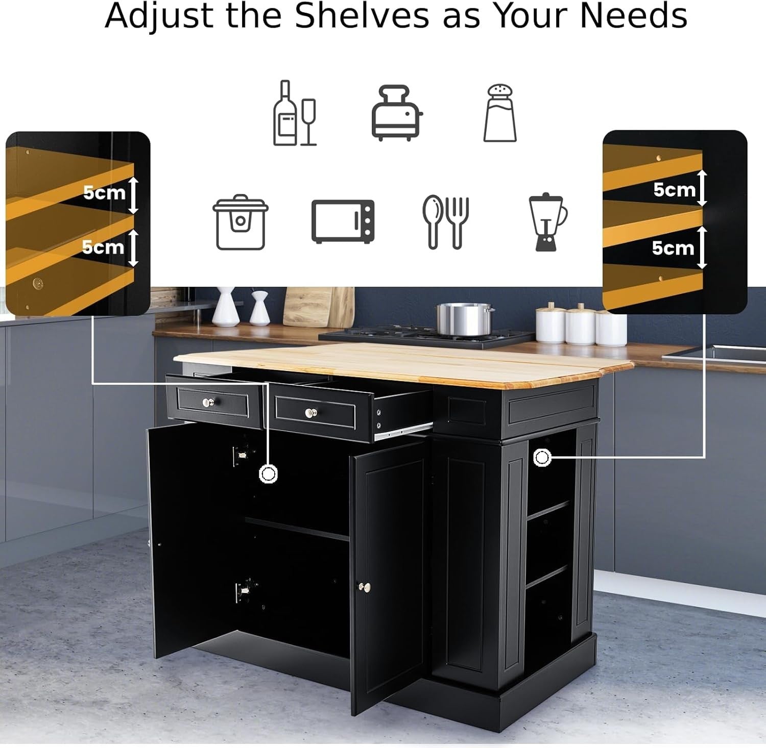 Extendable Kitchen Island with Storage Drawers & Adjustable Shelves