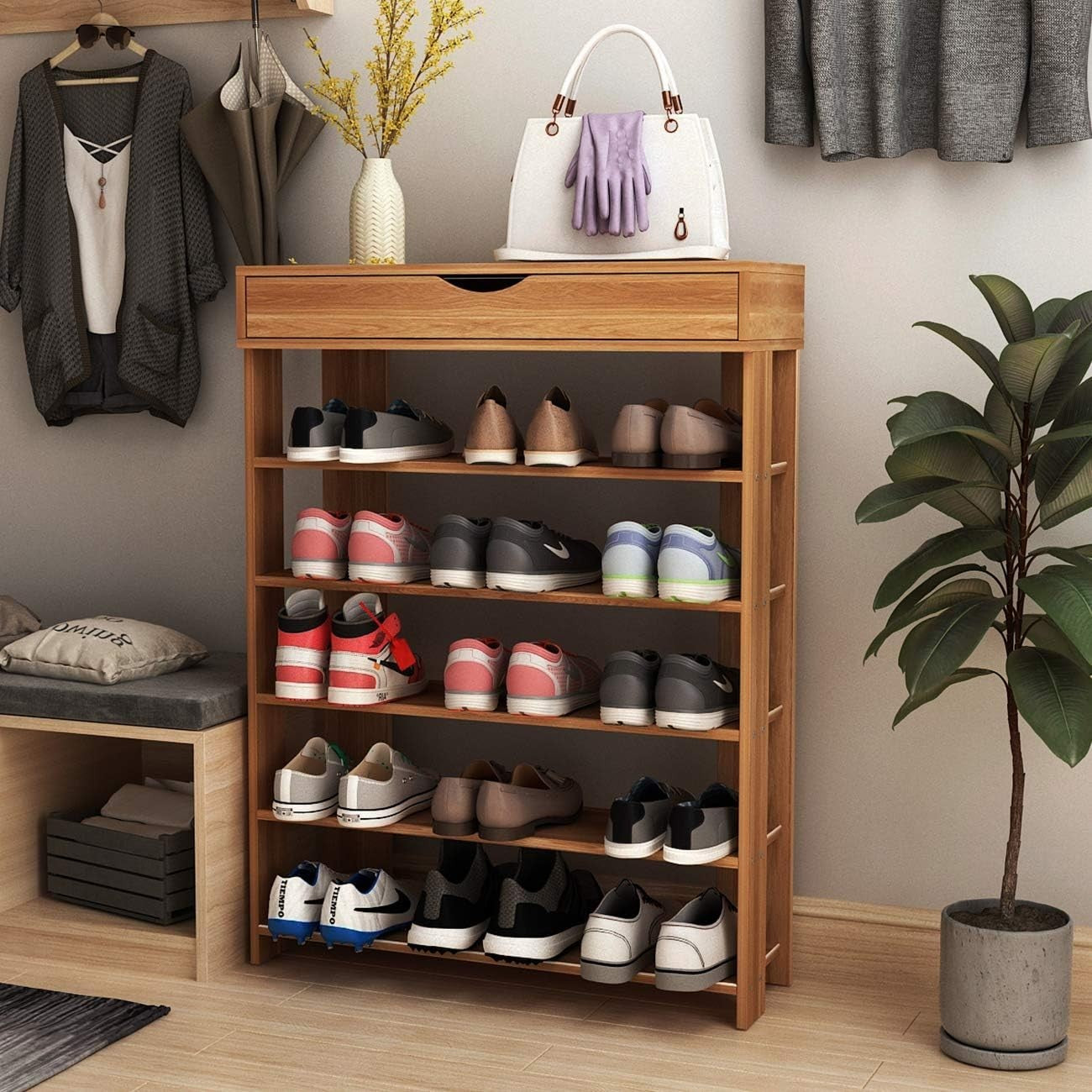 5-Tier Teak Wood Shoe Rack Cabinet, Space-Saving Storage Shelf 75x30x94cm