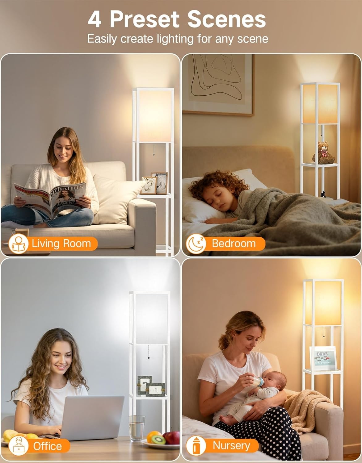 Floor Lamp with Shelves LED Adjustable Colour Standing Storage Light White