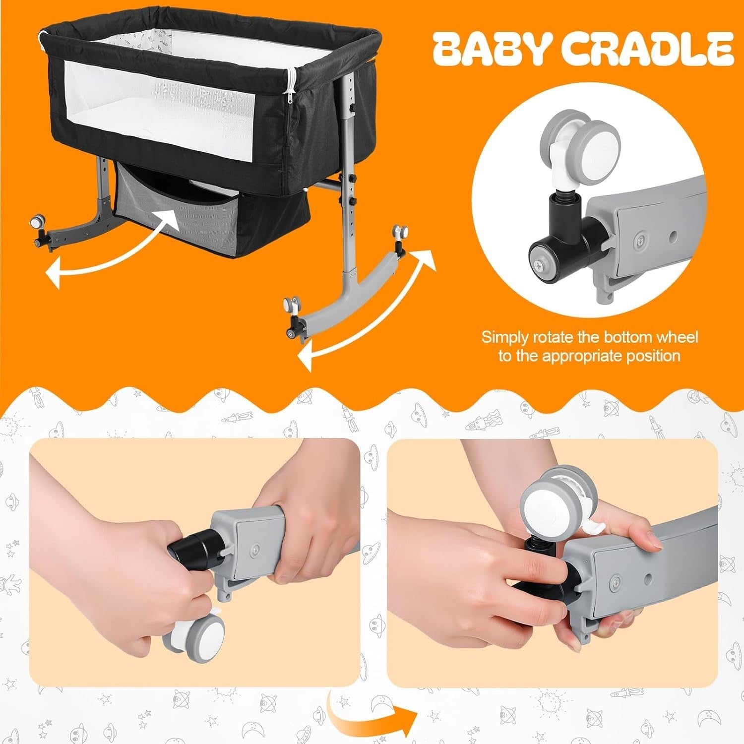 Rocking Bedside Crib Mosquito Net Wheels Adjustable Height w/ Changing Table