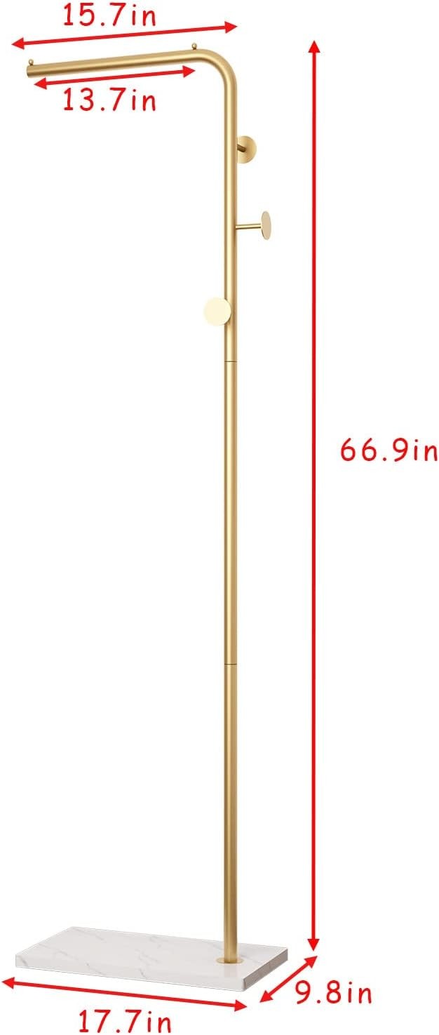 Gold Metal Coat Rack with White Base Freestanding 3 Hooks Modern Entryway Stand