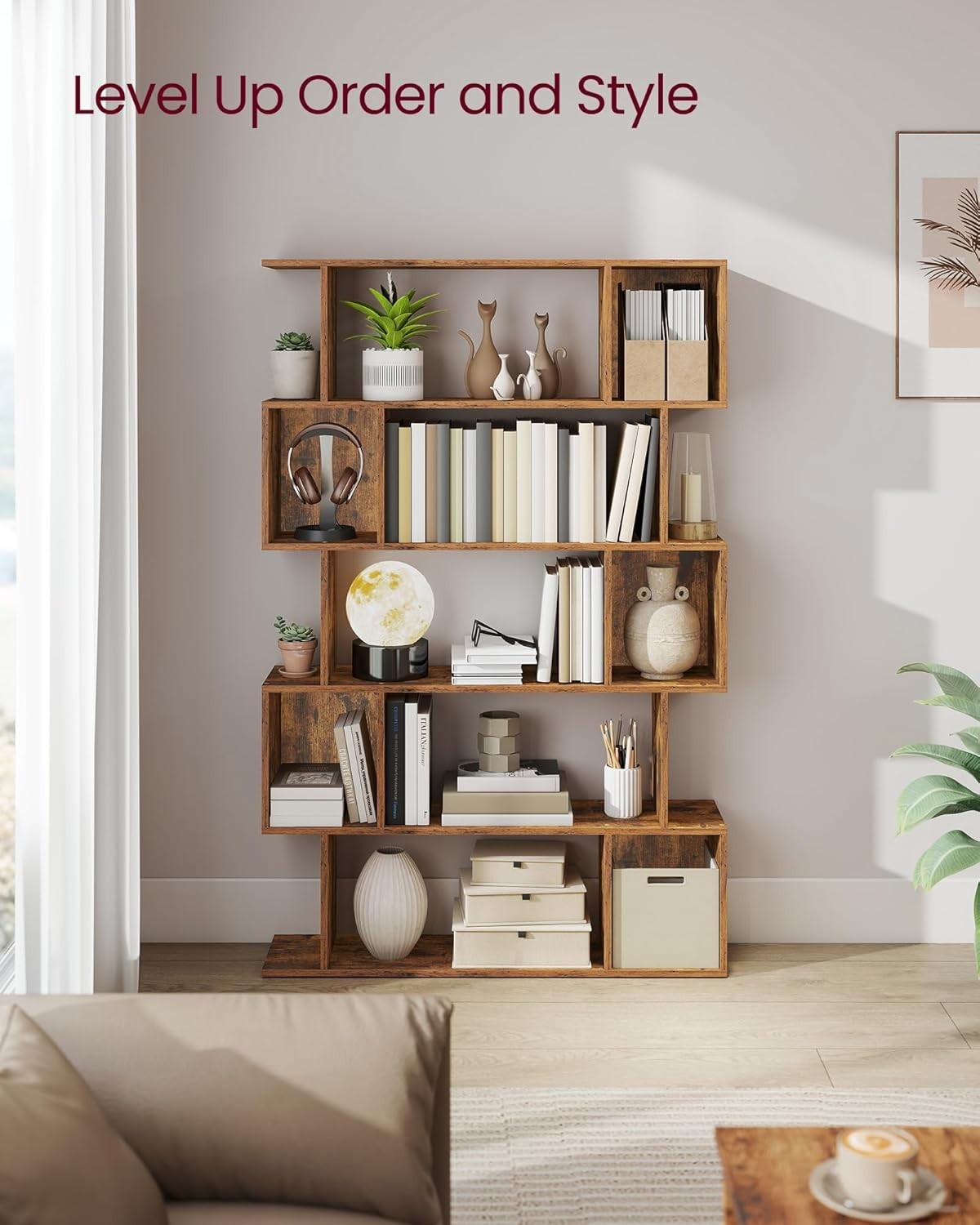 5 Tier S Shaped Bookcase Rustic Brown Bookshelf Storage Unit 90cm Wide