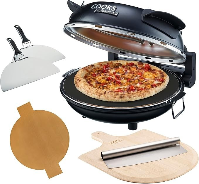1200W Electric Pizza Oven 31cm Stone with Cutter Board & Timer Black