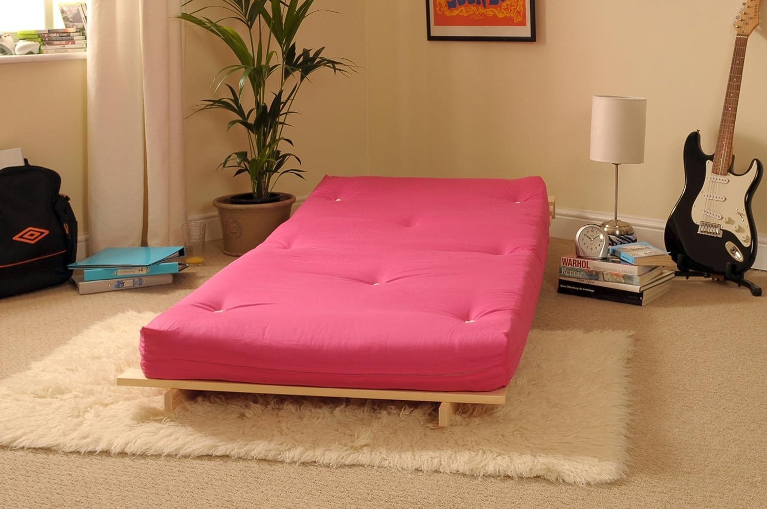 Small Single Wooden Futon Bed Chair 2ft6 Tufted Pink Mattress Compact