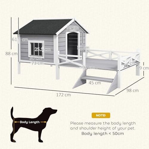 Outdoor Wooden Dog House with Porch, Ladder & Window, Weatherproof Shelter