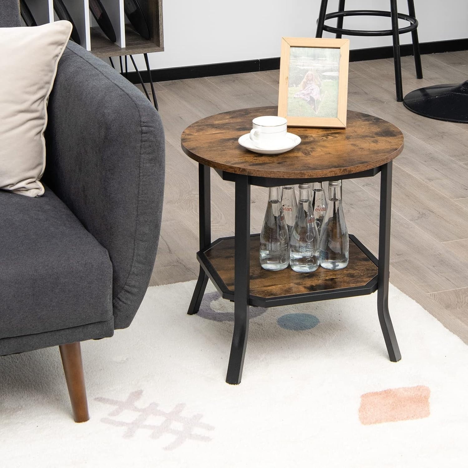 Round 2-Tier Industrial Side Table with Storage Shelf, Sturdy Metal Frame