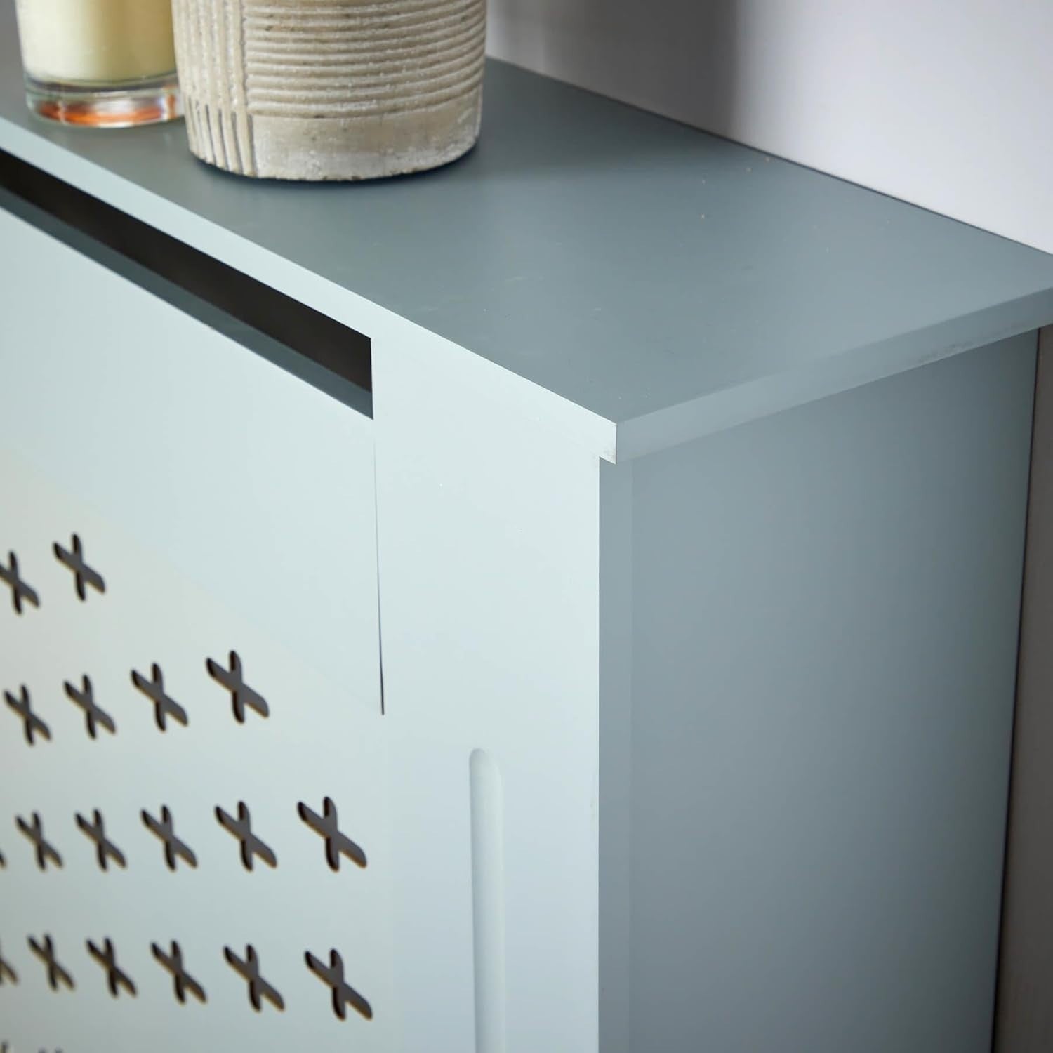 Grey Radiator Cover Medium 112cm Wooden Cabinet with Decorative Grill & Shelf