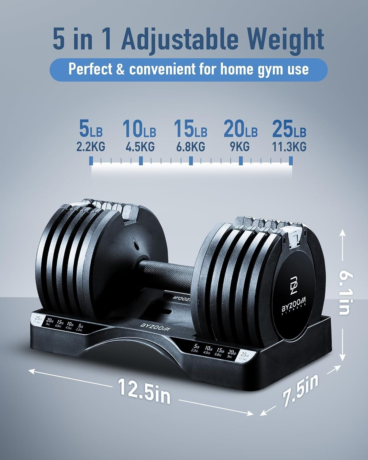 25lb Smart Adjustable Dumbbells Pair 5-in-1 Quick Select Home Gym