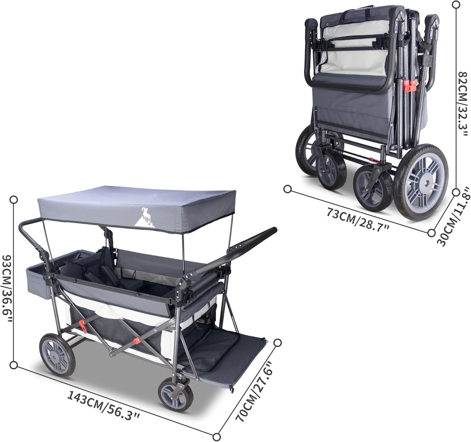 Grey/Beige Folding Wagon w/ Canopy 2 Seats Heavy Duty Collapsible Cart 120kg