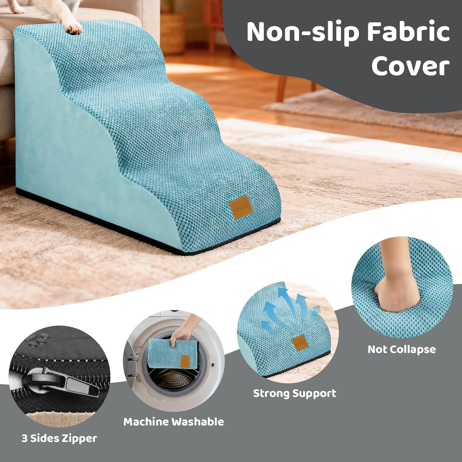 Dog Steps for Bed 3-Step Non-Slip Pet Stairs Ladder Foam Ramp with Plush Cover –