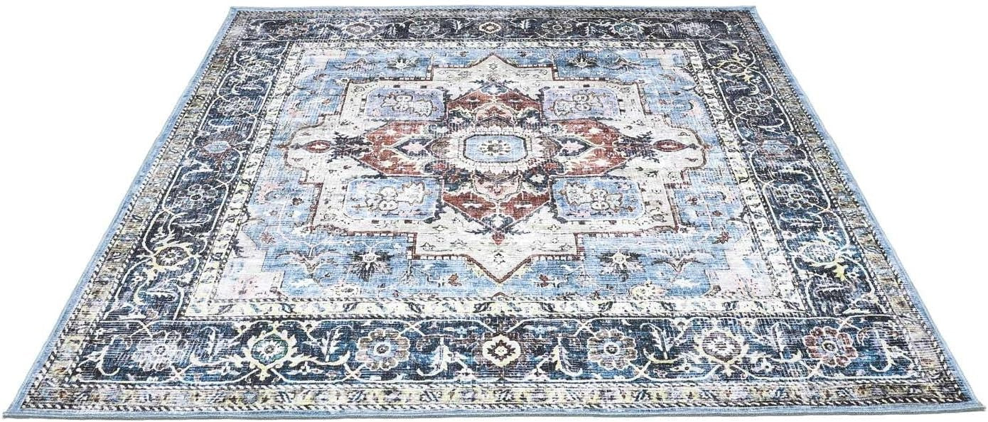 Large Oriental Area Rug 240x240cm Blue Multi Square Low Pile Machine Washable