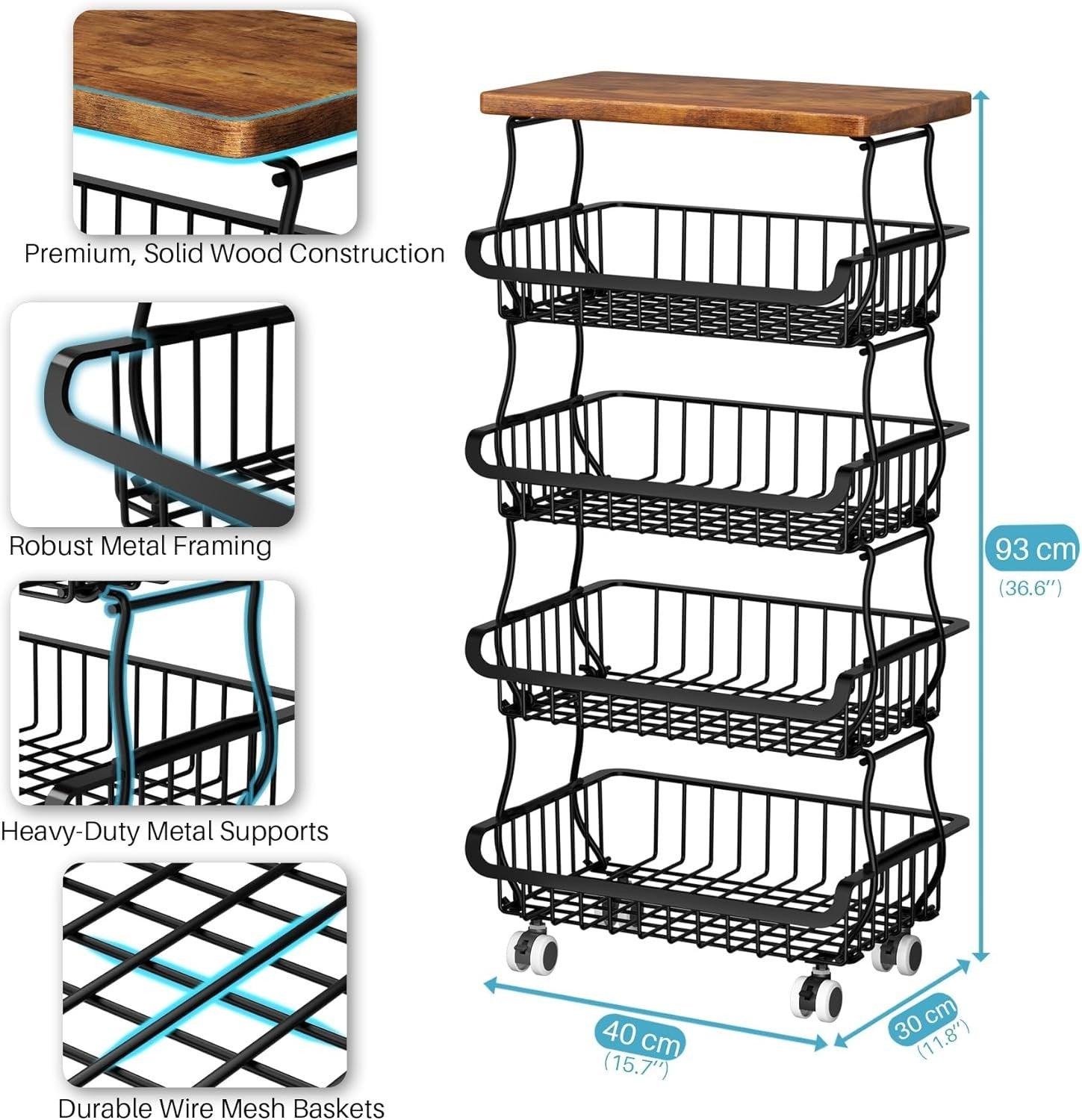 5 Tier Rolling Fruit Vegetable Storage Basket Cart Metal Pantry Organizer