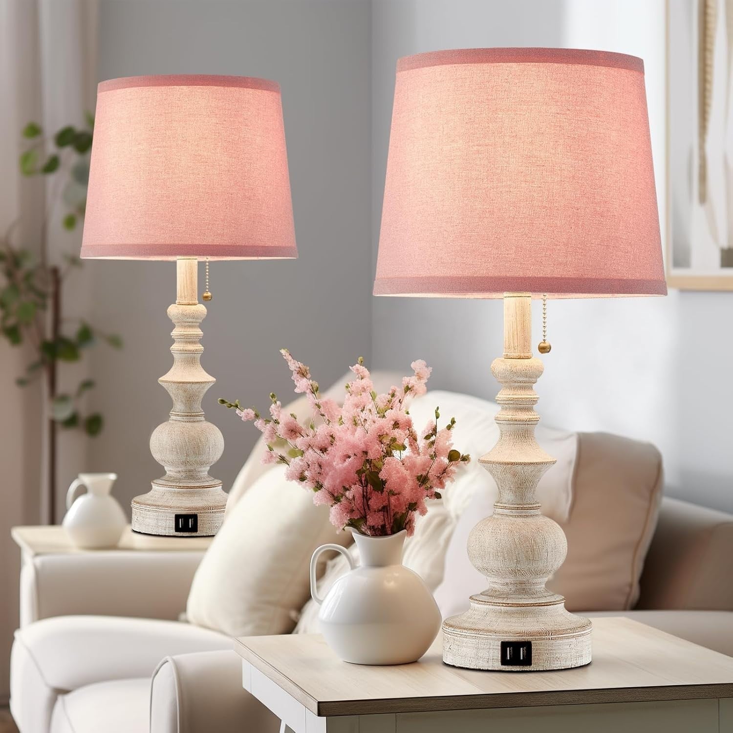 Pink Farmhouse Table Lamps Set of 2 with USB, 22" Tall, Perfect for Girls