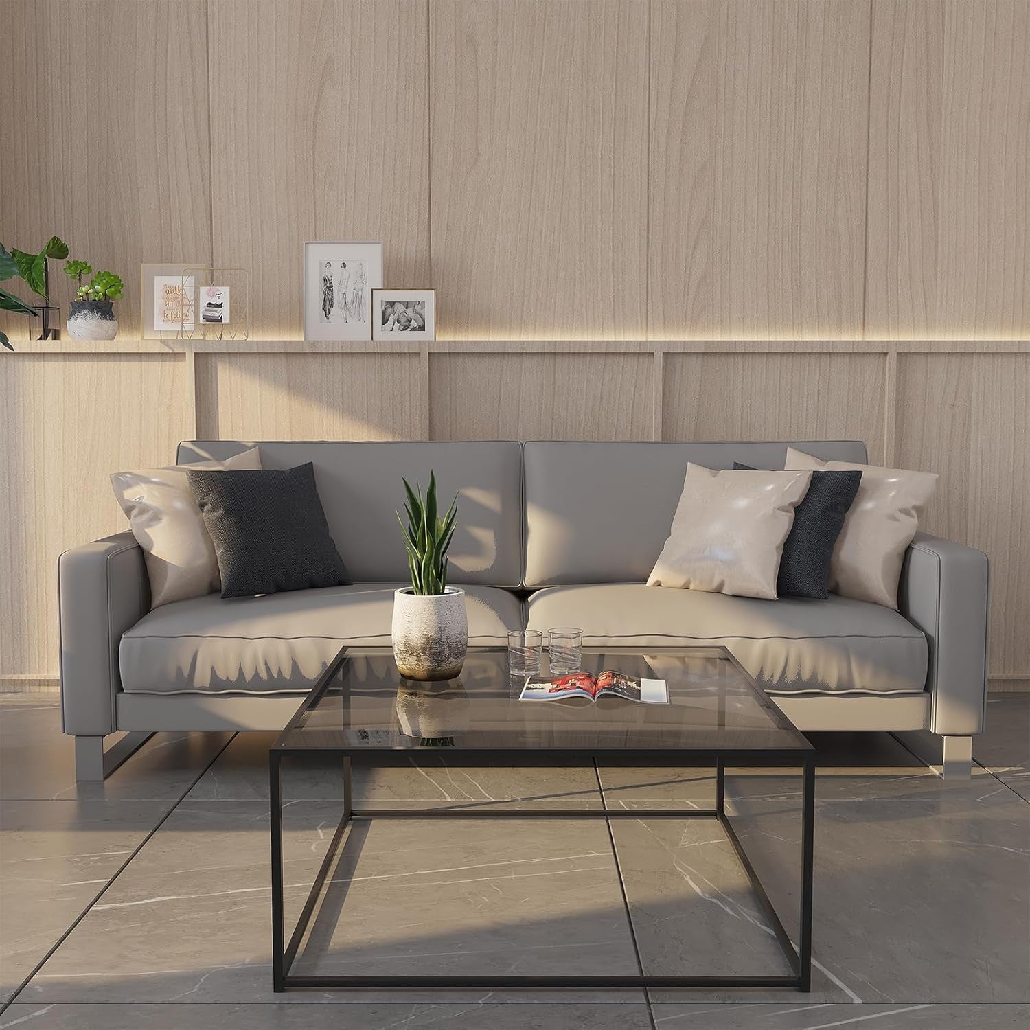 Modern Square Glass Coffee Table with Sturdy Metal Frame 67x67x40cm
