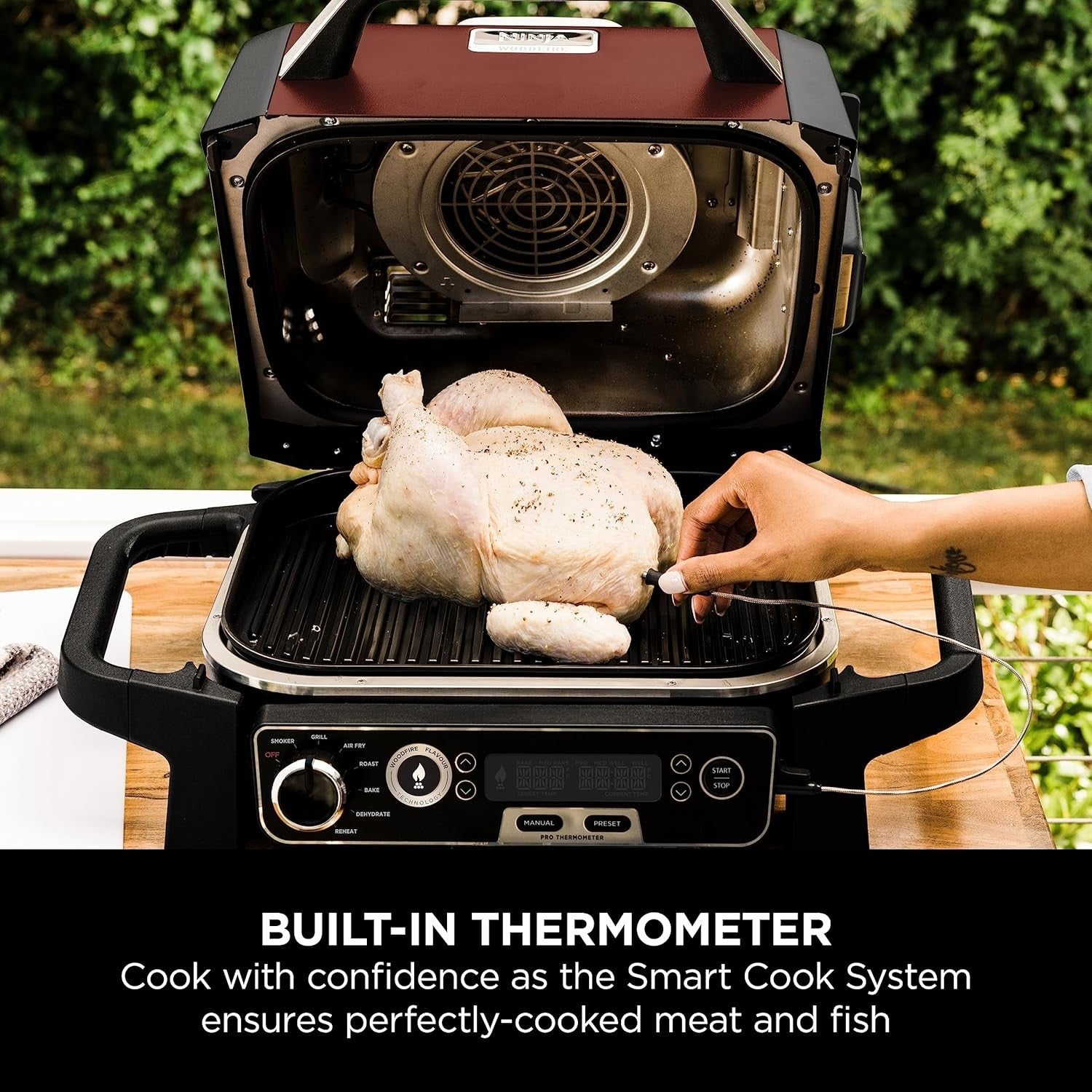 7-in-1 Electric BBQ Grill & Smoker with Digital Probe, Air Fryer & Woodfire