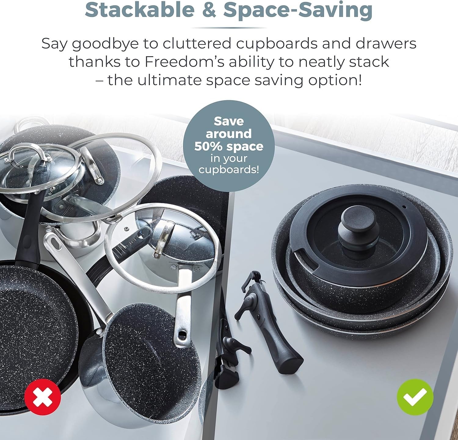 13pcs Graphite Non Stick Cookware Set  Stackable Pans with Detachable Handle