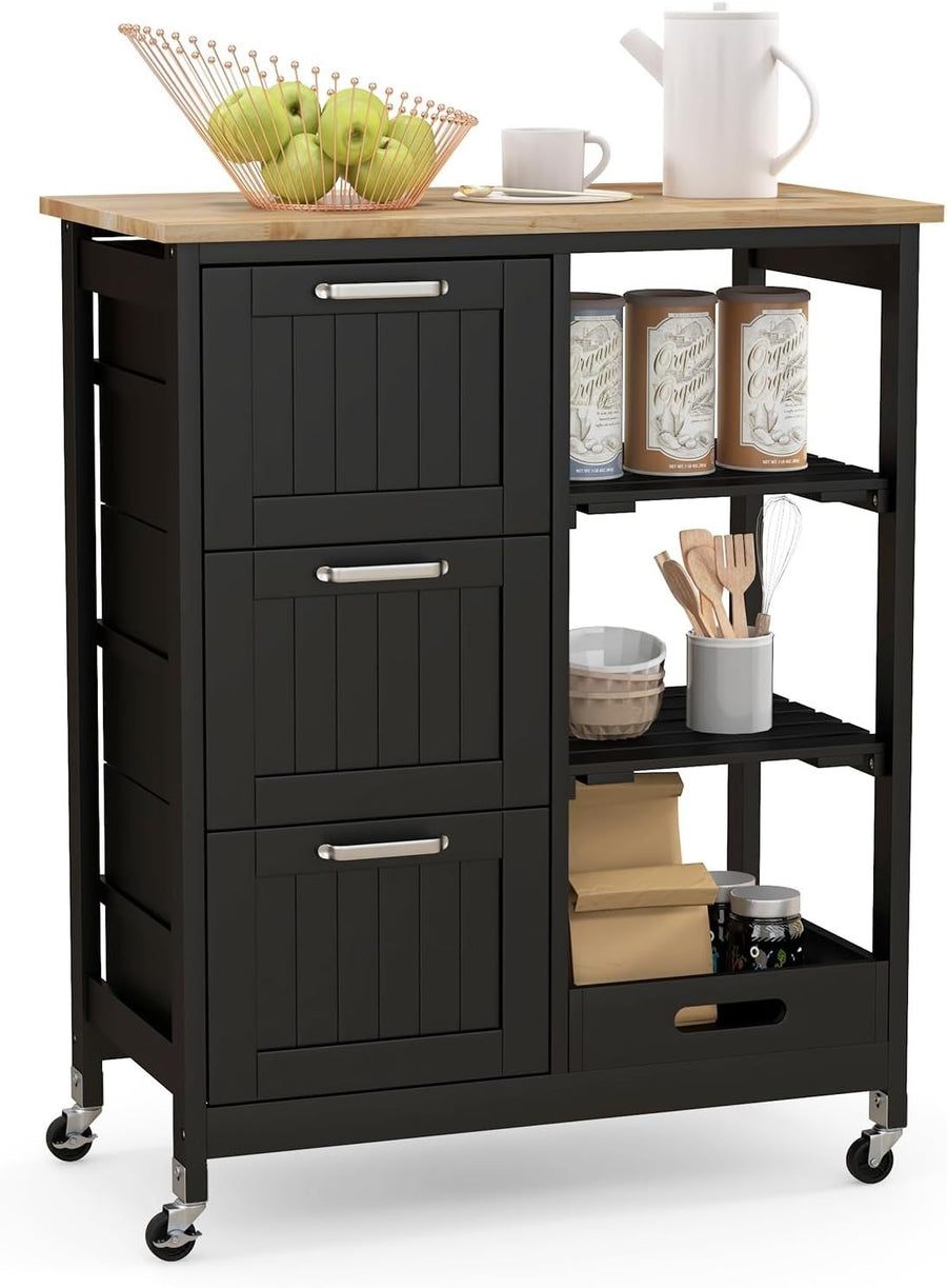 Rolling Kitchen Island Cart with 3 Drawers, Open Shelves & Sturdy Wheels