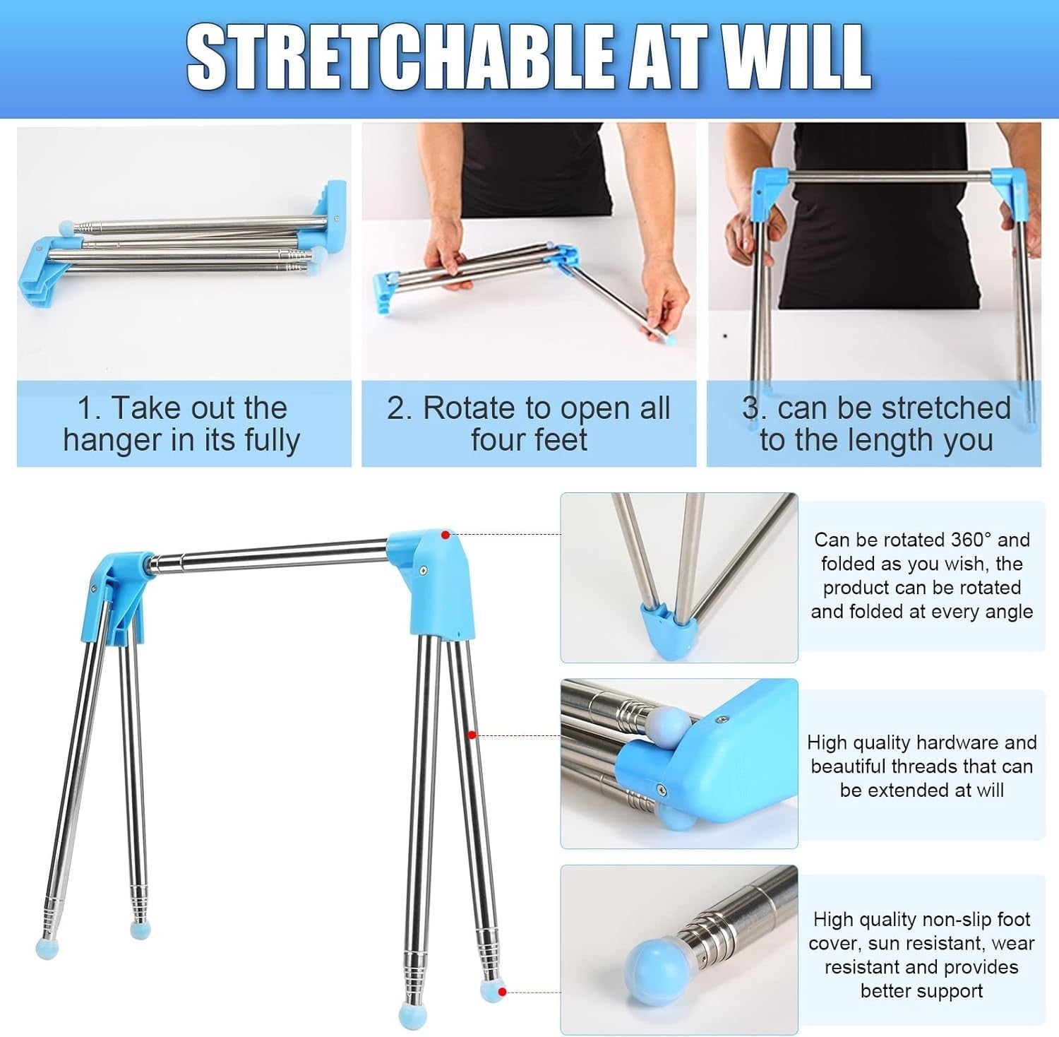 Portable Travel Clothes Rack Retractable Foldable Blue Stainless