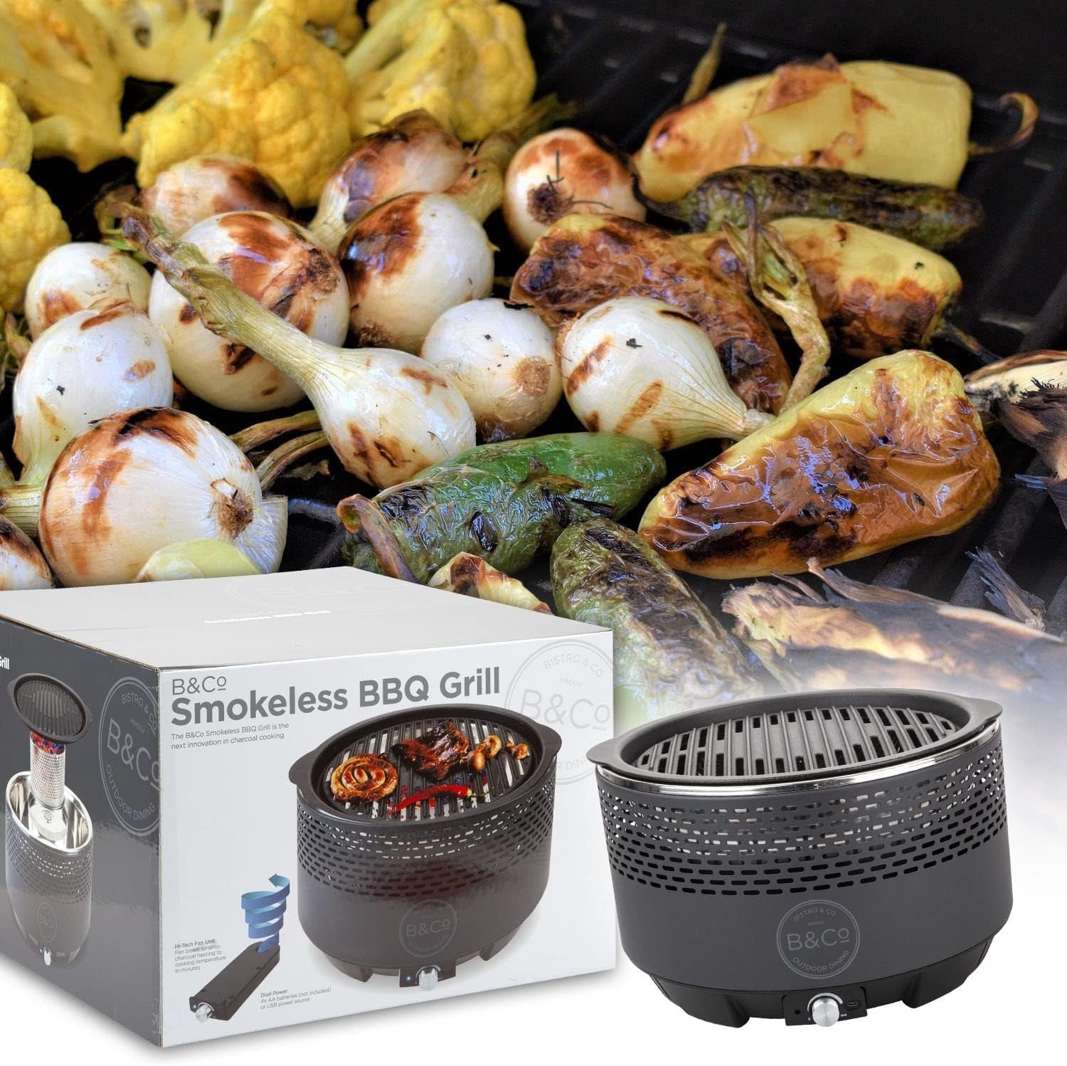 Smokeless Charcoal BBQ Grill Portable Tabletop Fan-Controlled Outdoor Cooking