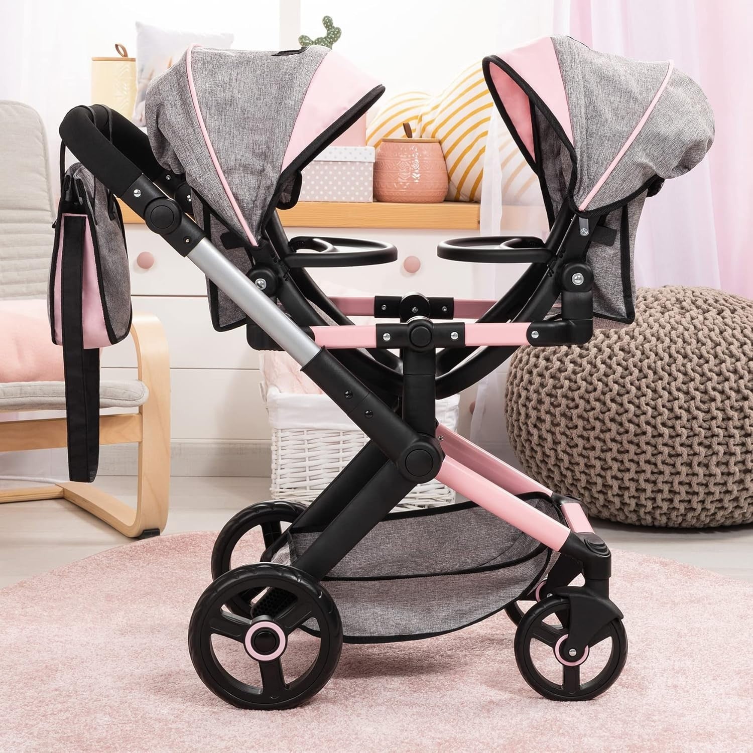 Double Dolls Pram Twin Pushchair Adjustable Handle Reversible Seats
