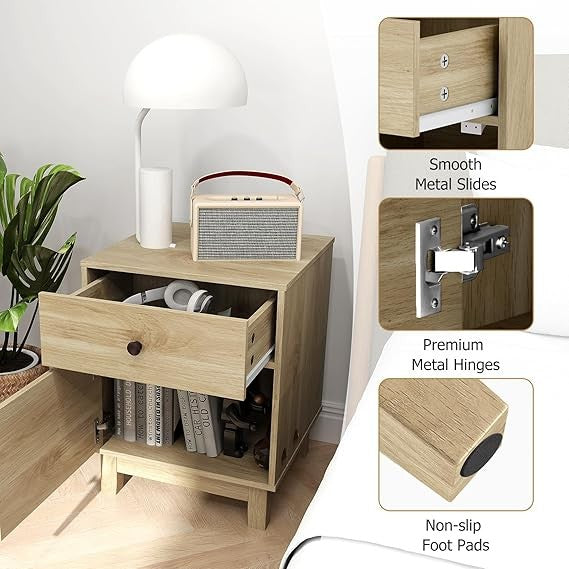 Rattan Bedside Tables Set of 2 – Boho Storage Drawer & Door – Solid Wood Legs 40