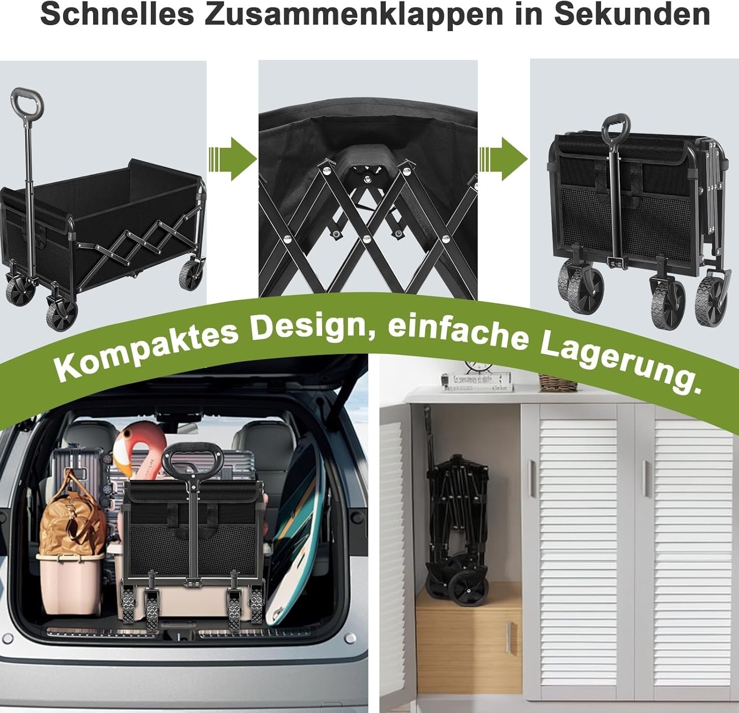 Black 120L Folding Festival Wagon 360° All-Terrain Wheels 160kg Camping Trolley