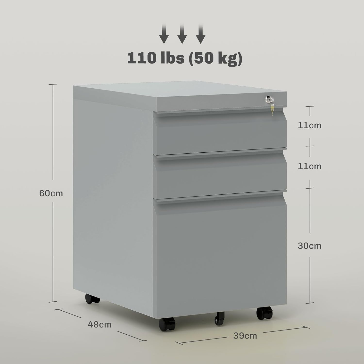 Grey 3 Drawer Lockable File Cabinet 39x48x60cm Mobile Alloy Steel