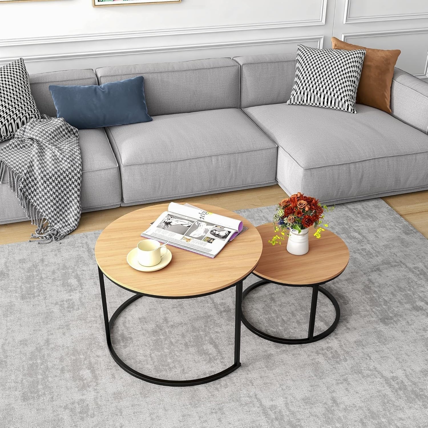 Set of 2 Round Nesting Side Tables Coffee Tea Sofa End Table Black-Oak Portable