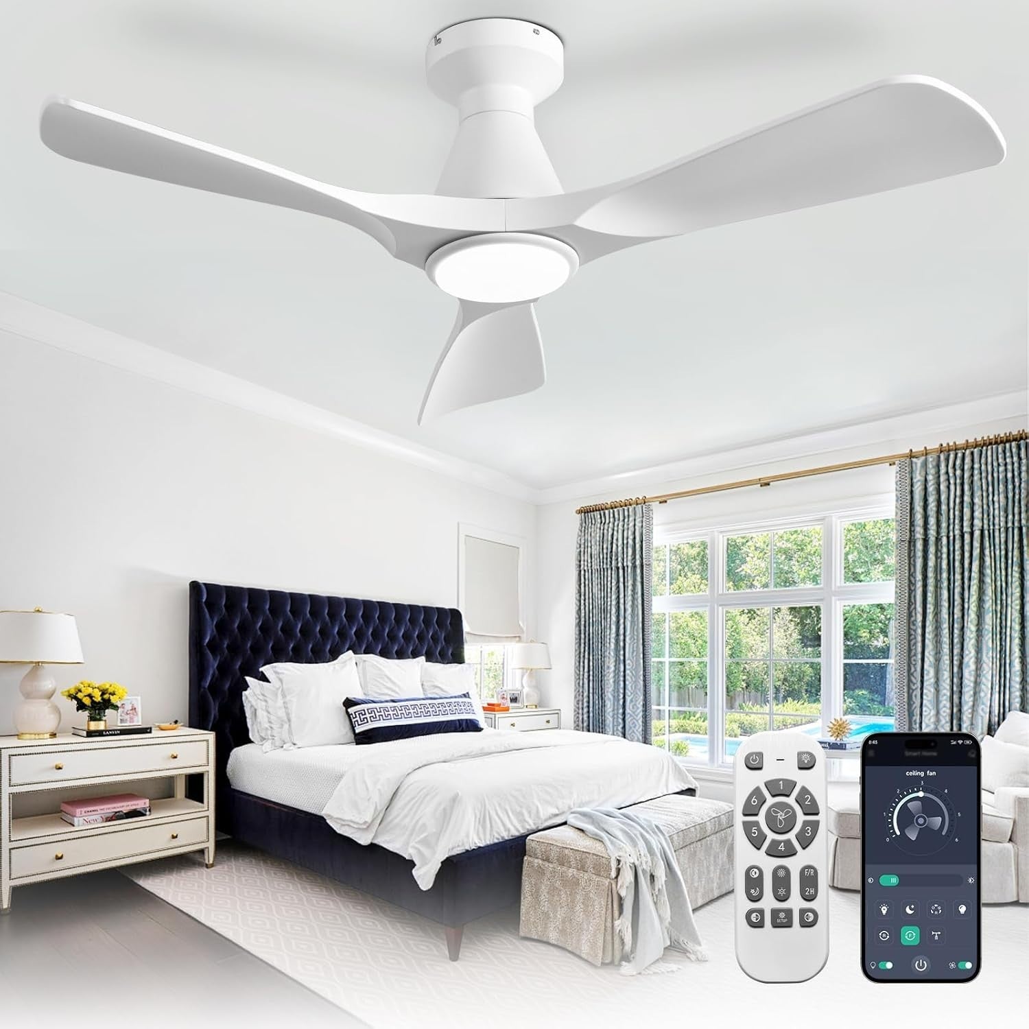 42-Inch White Ceiling Fan with Light, Quiet DC Motor, Remote Control