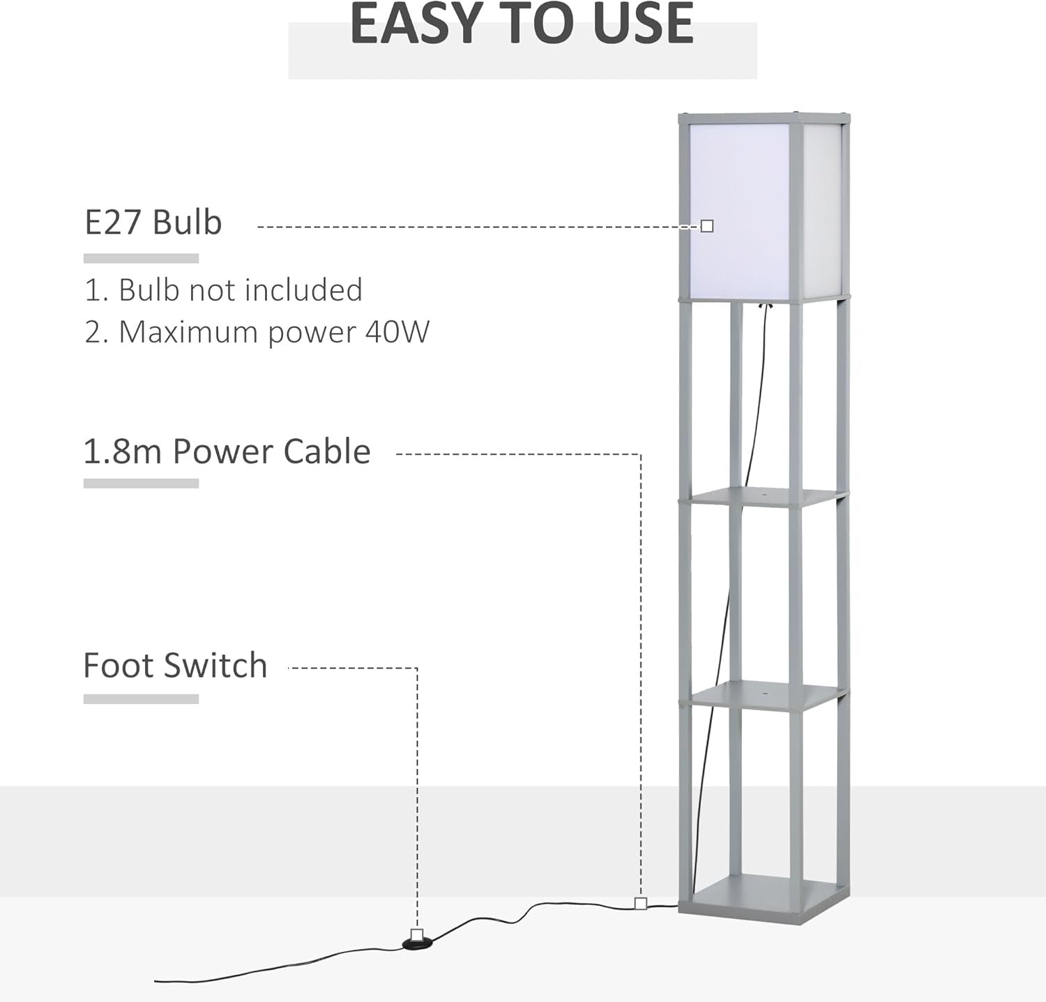 Floor Lamp with Shelves Storage Modern Standing Light Grey 3 Tier 160cm