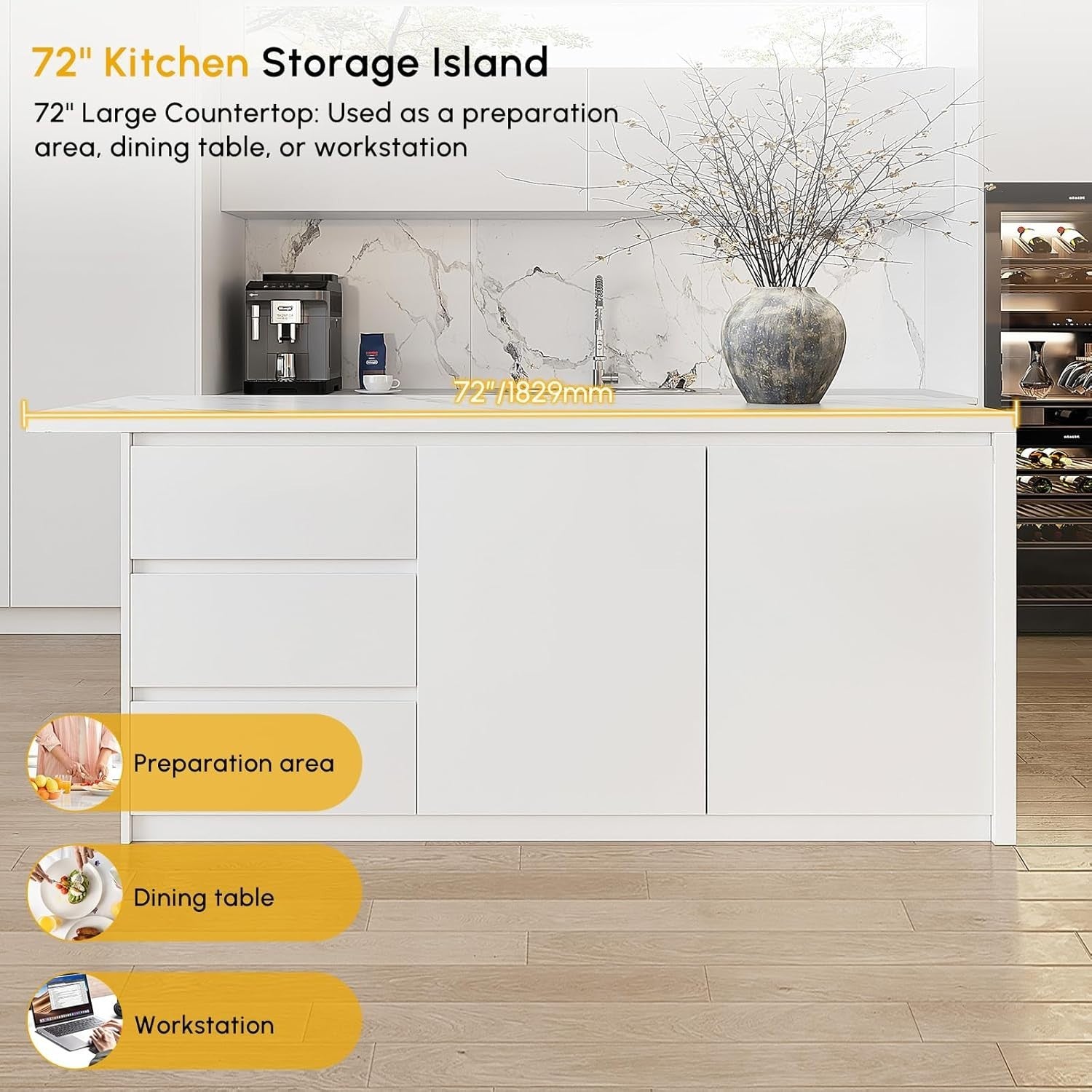 183cm White Kitchen Island with Marble Effect Top, 3 Drawers & 8 Storage Shelves