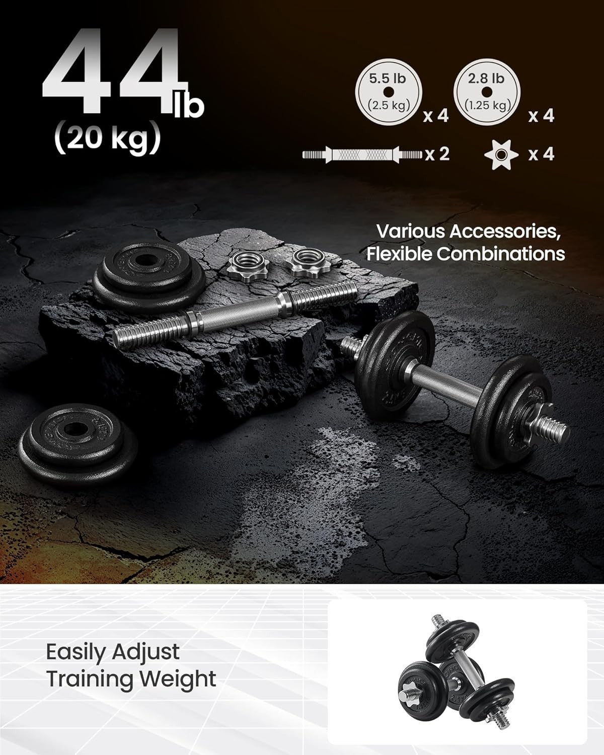 20kg Adjustable Cast Iron Dumbbells Pair Spinlock Home Strength Weights