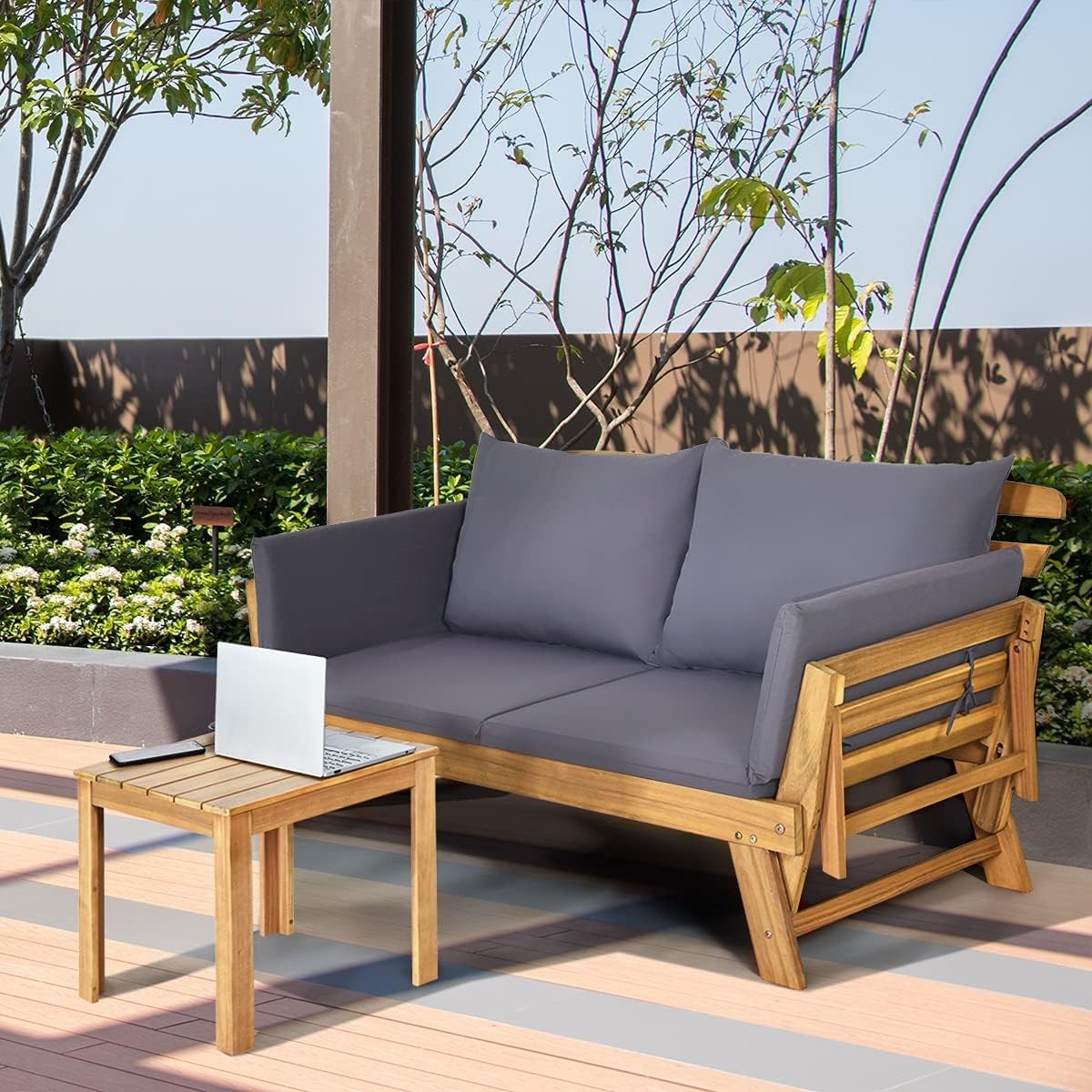 3-in-1 Outdoor Wooden Sofa Bed Lounger | 142×71×76cm | Reclining Daybed