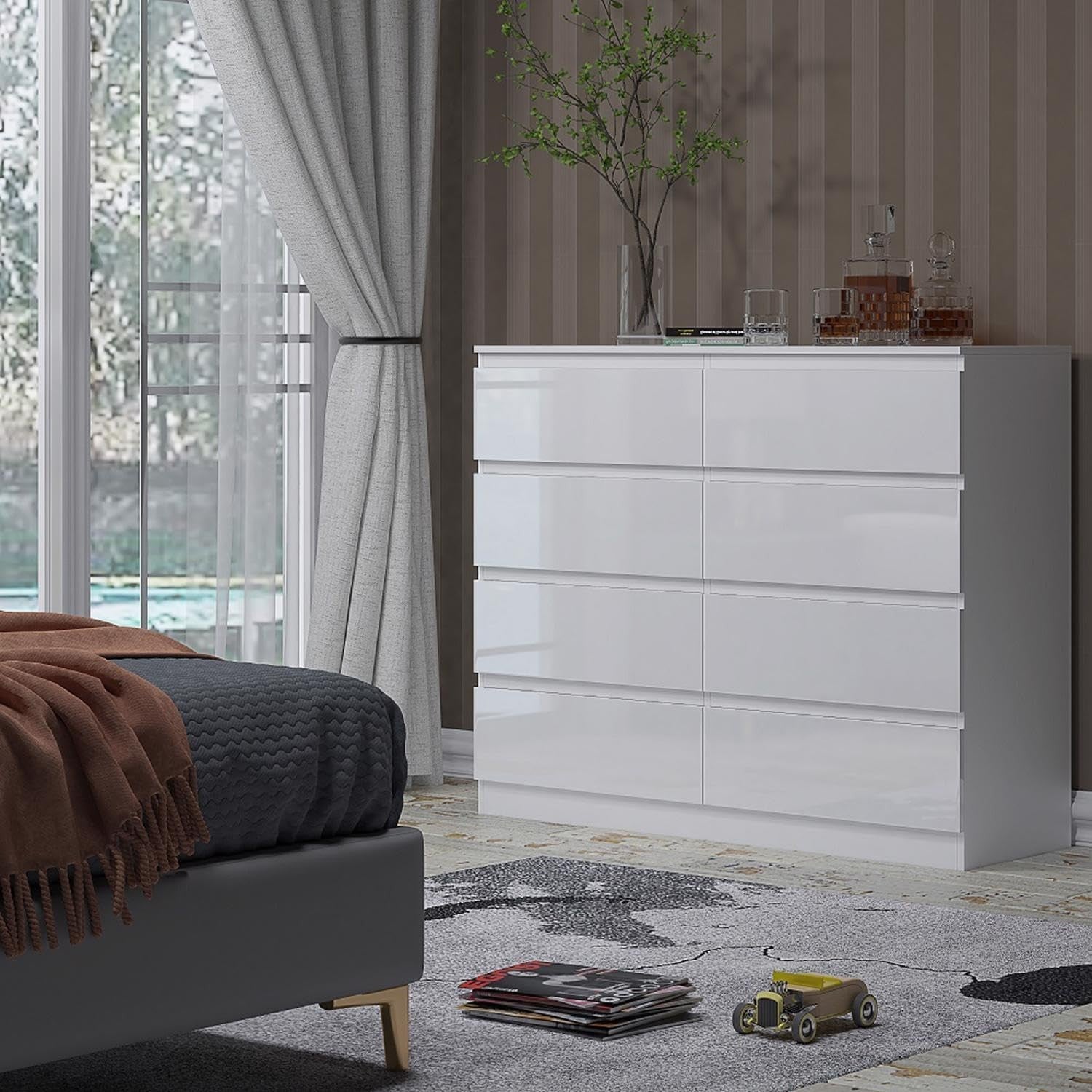 White Gloss 8 Drawer Chest Wide Tall Storage Unit for Bedroom Modern