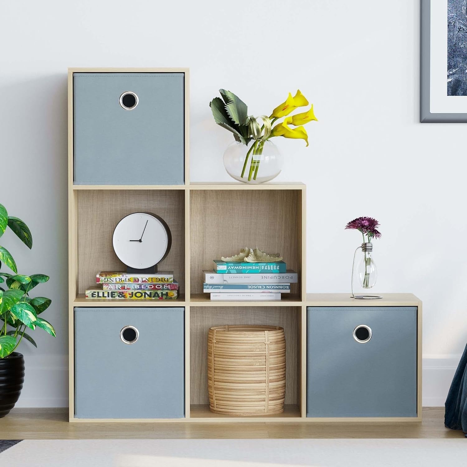 Oak 6 Cube Staircase Bookcase with 3 Grey Storage Baskets – Modern Shelving